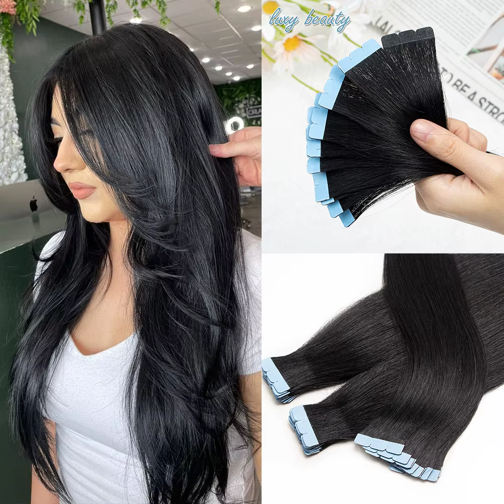Extensions de Cheveux Naturels Lisses, Blond, Noir, Marron, Double Face, Sans Couture, PU, Trame de 