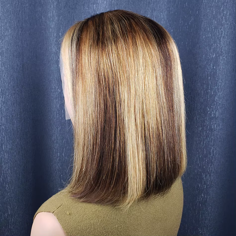 Perruque Bob Lace Front Wig naturelle à reflets blond chocolat, cheveux courts et lisses, coupe Pixi
