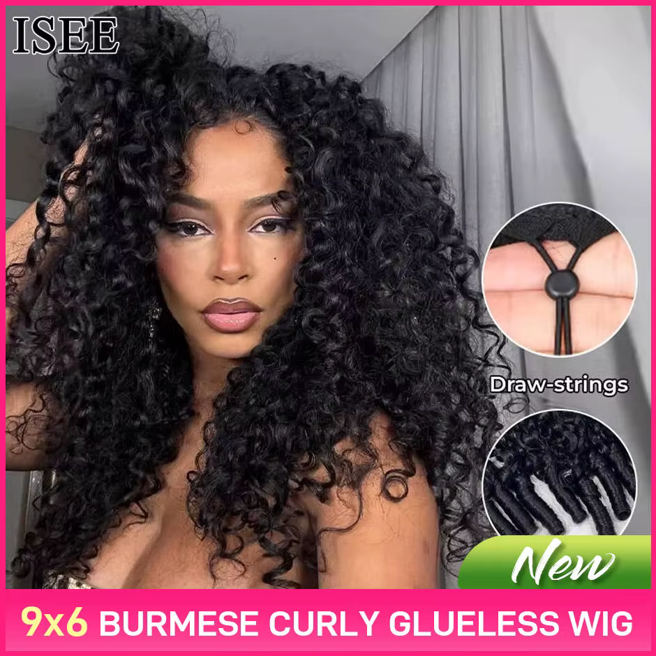 ISEE Hair 9X6 birman bouclés sans colle perruques naturel noir pré blanchi perruque de cheveux humai