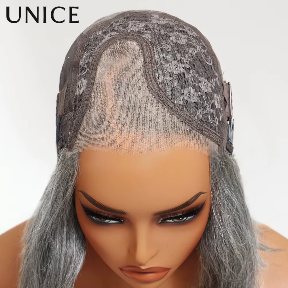 UNICE cheveux couches éclat sel et poivre sans colle perruque de cheveux humains pré-coupé 6.5x1.5 d