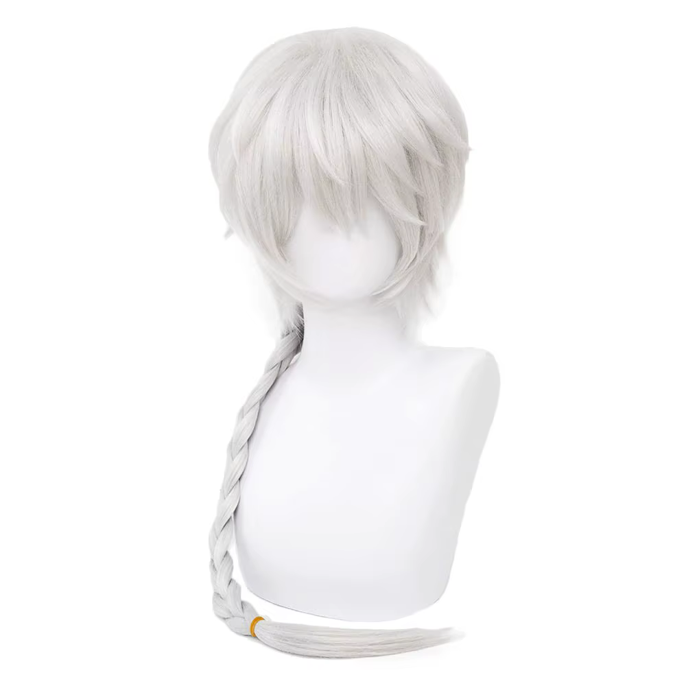 Perruque animée de Nikolai Gogol, cheveux blancs bouclés avec longue tresse, en polyester, pour fête