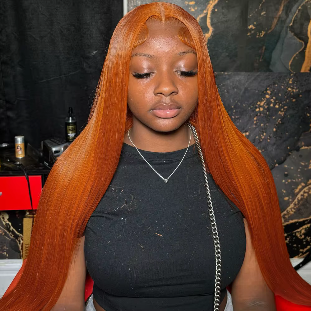 30 pouces droite Orange gingembre dentelle avant perruques cheveux humains 350 couleur brésilienne 1