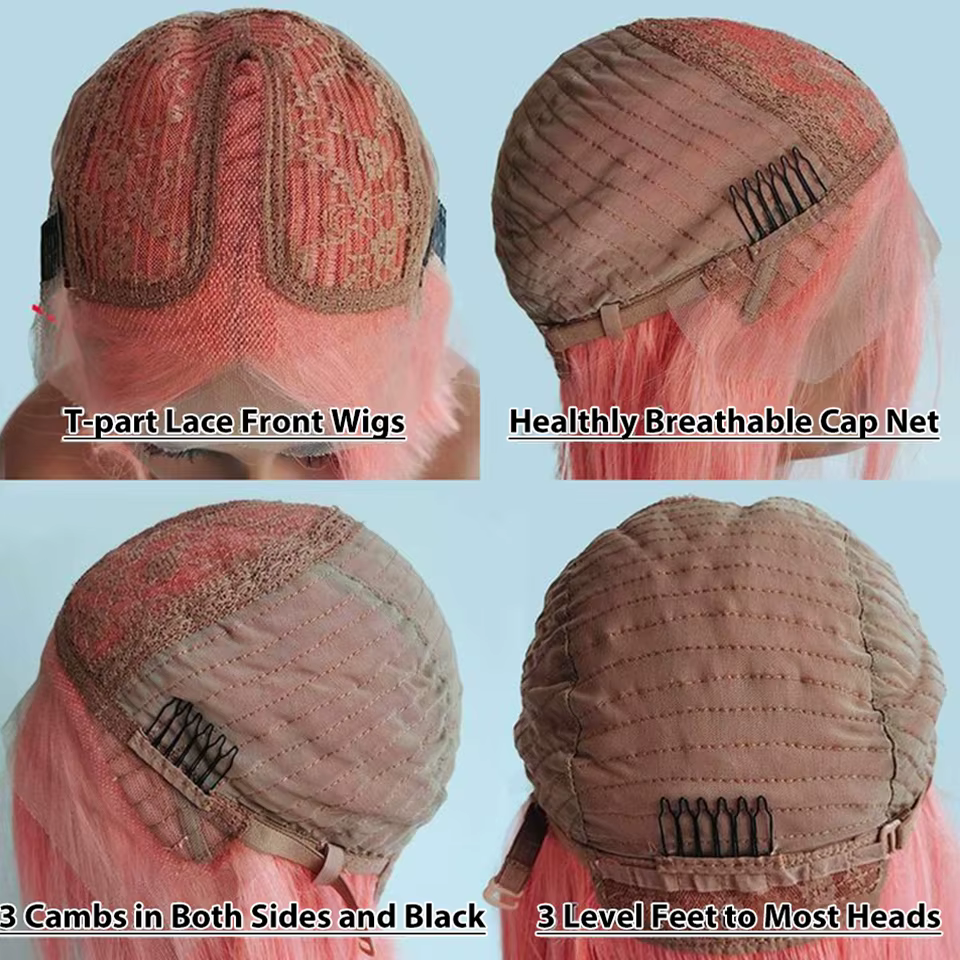 Perruque Bob Lace Front Wig naturelle lisse rose ombré, cheveux courts, Transparent, nœuds décolorés
