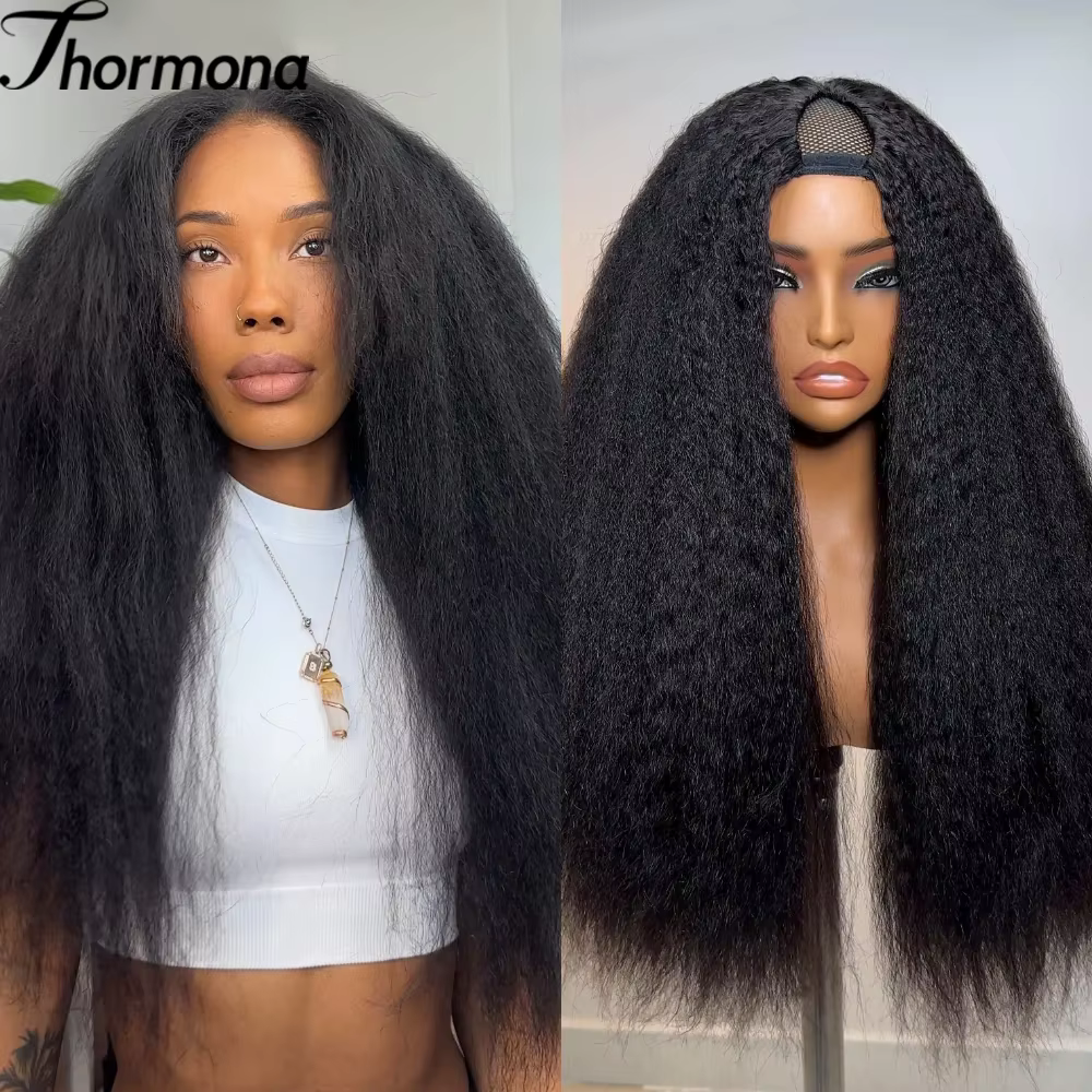 Yaki bandeau Afro bouclés perruques synthétiques crépus droites avec extrémités bouclées sans colle