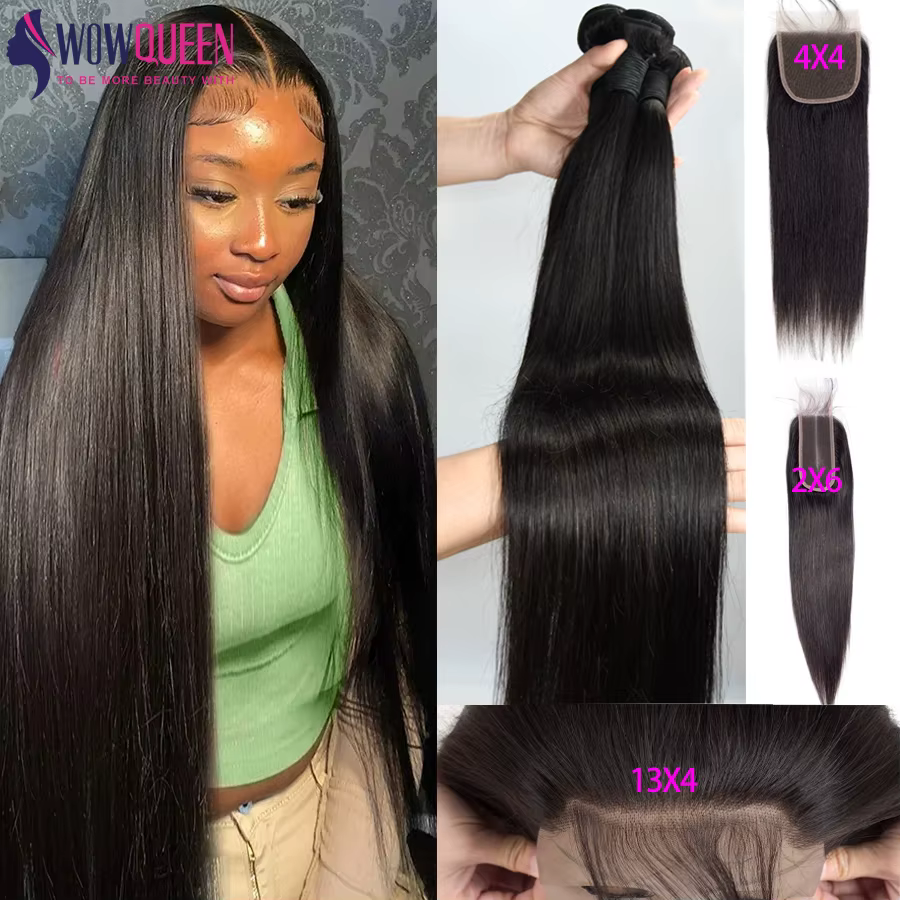 Paquets droits de cheveux humains avec fermeture 2x6 4x4 Extensions de cheveux brésiliens bruts armu