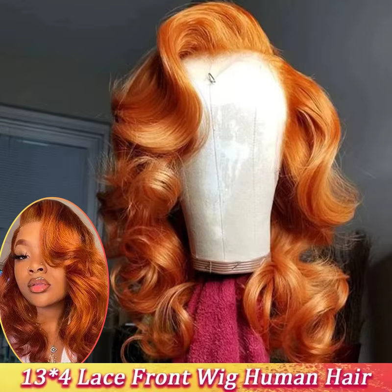 350 # Perruques avant en dentelle Orange gingembre cheveux humains pré plumés 13x4 perruques front