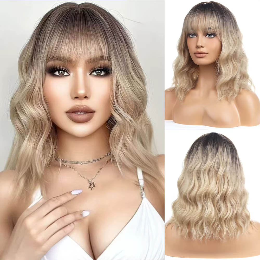 Perruque Bob Blonde 14 pouces avec frange pour femmes, postiche synthétique bouclée et ondulée, long