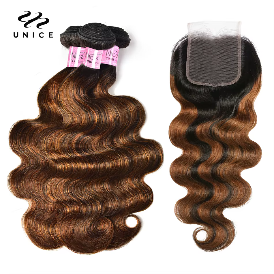 UNICE-Bundles de cheveux humains Body Wave, Balayage, Fermeture à lacet 4x4, Highlight, Faites une p