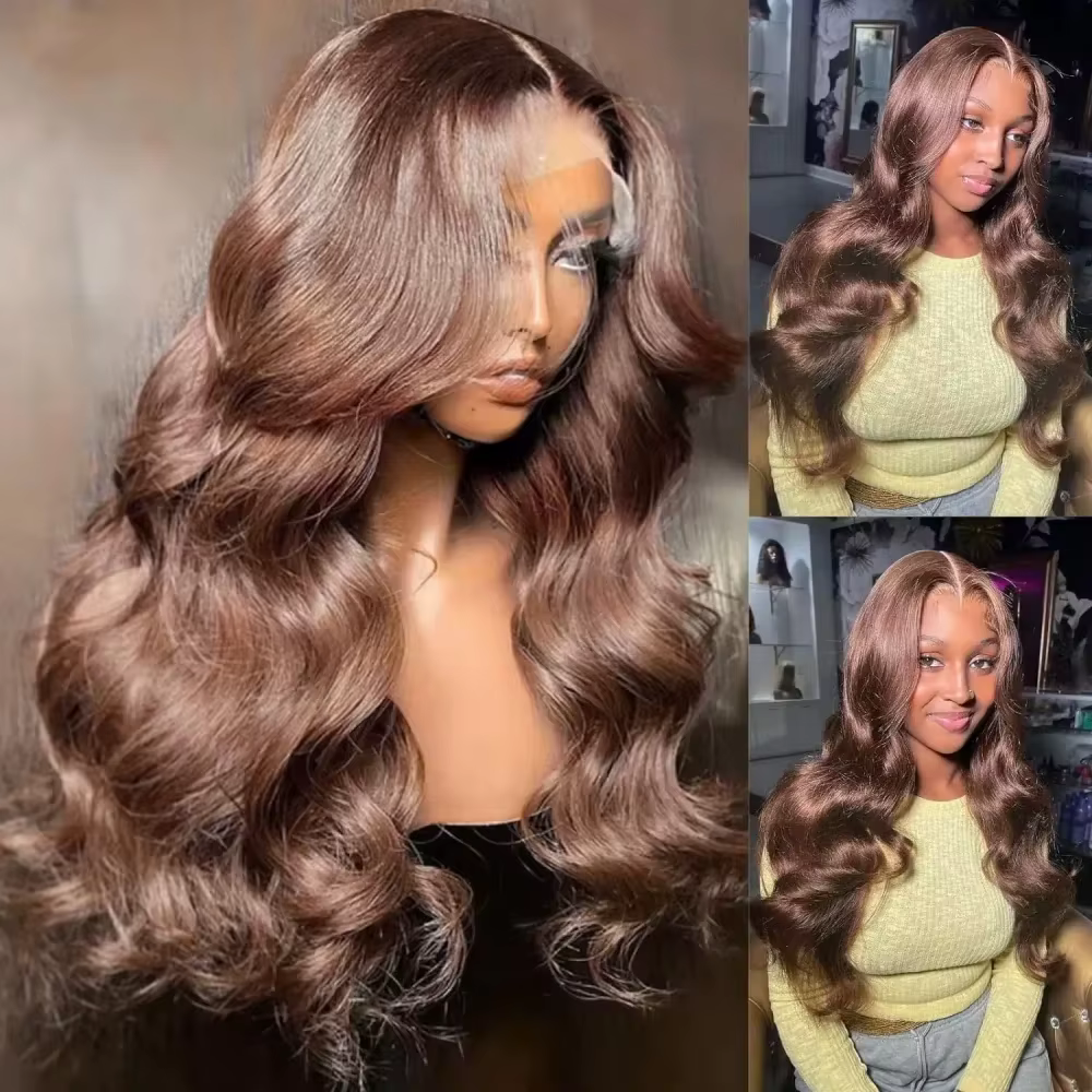 HD 200% 30 36 pouces chocolat brun vague de corps 13x6 dentelle avant perruques de cheveux humains 1