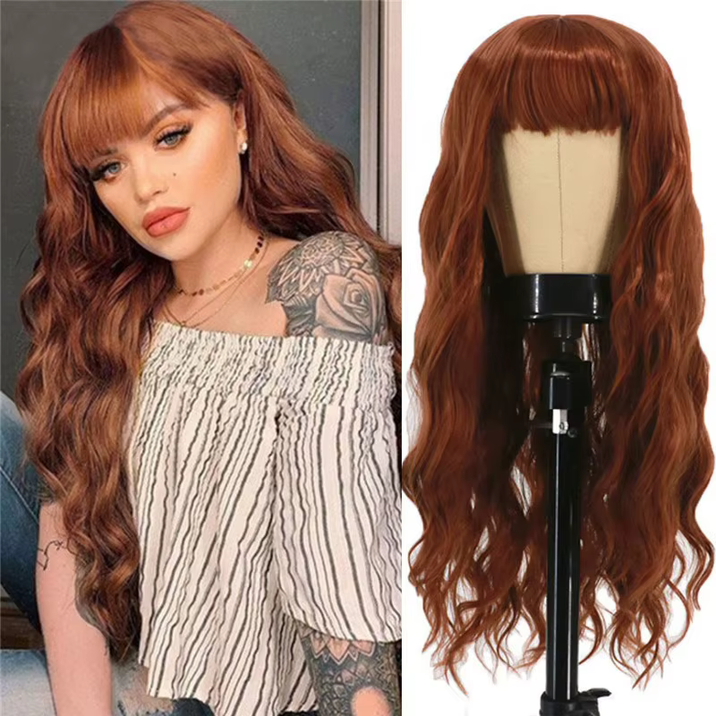 Perruque longue ondulée pour femme, style 'Dance Selfie', avec frange droite, couleur unie, pour soi