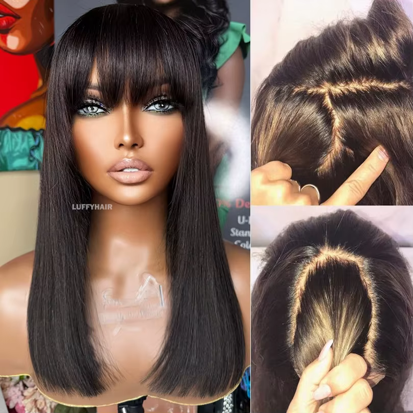 16 pouces droite Bob perruque avec frange cheveux humains pleine dentelle courte noir Bob perruques