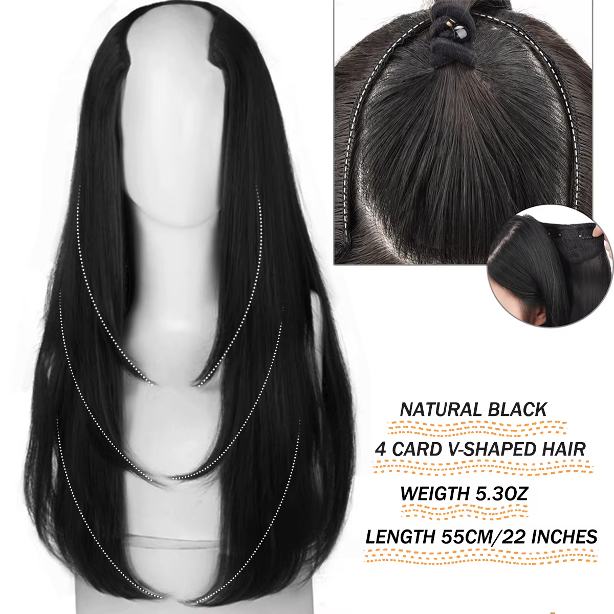 Extensions capillaires synthétiques longues et lisses, postiche à Clip de 22 pouces en forme de V, p