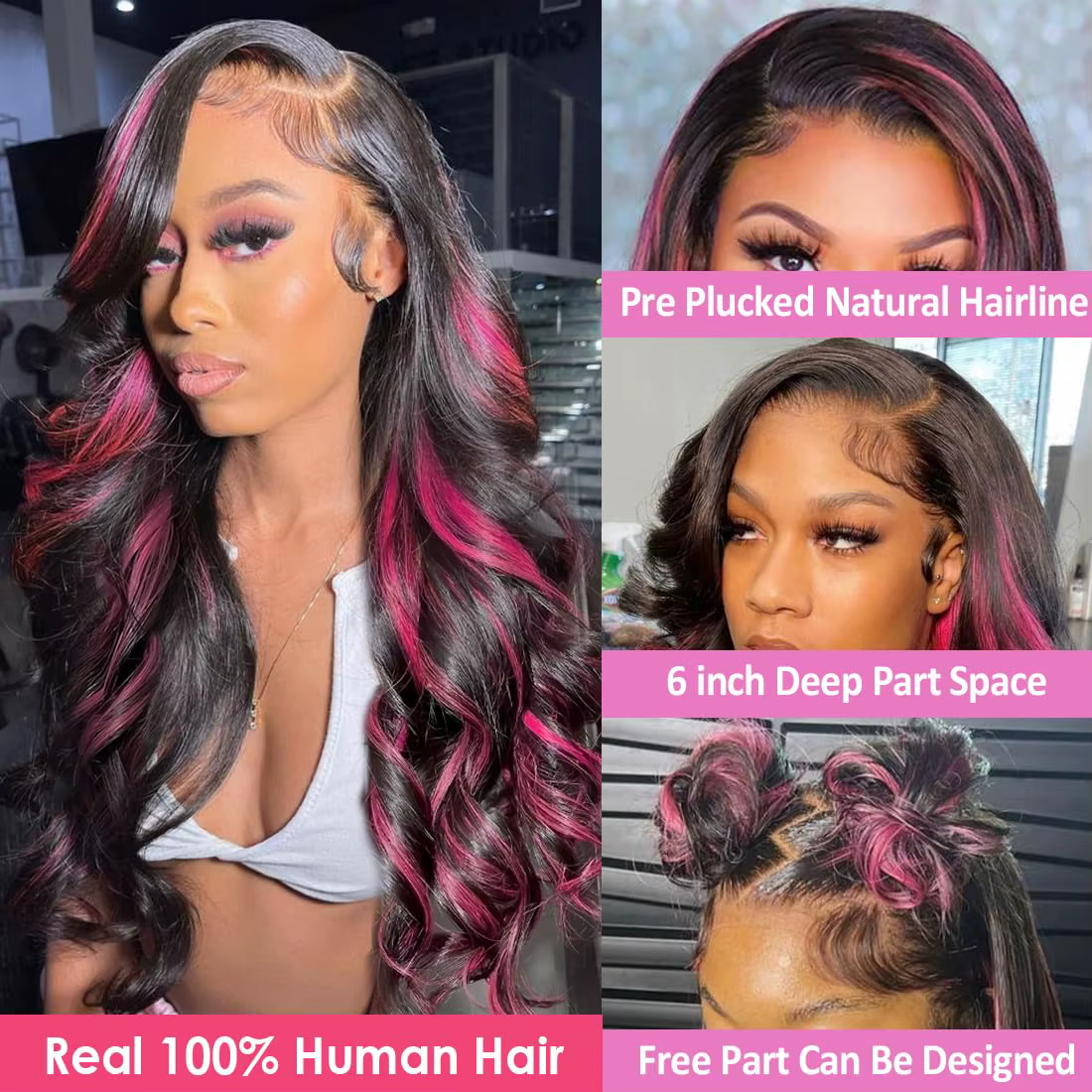 Perruque Lace Front 13x4 Ombrée Rose et Noire en Cheveux Humains, avec Mèches Rayées Rose, Perruque