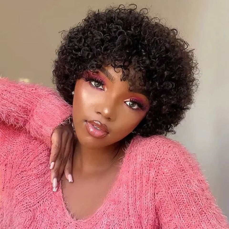 Perruques de cheveux humains Afro bouclés courts élégants avec frange pour les femmes vêtements de c