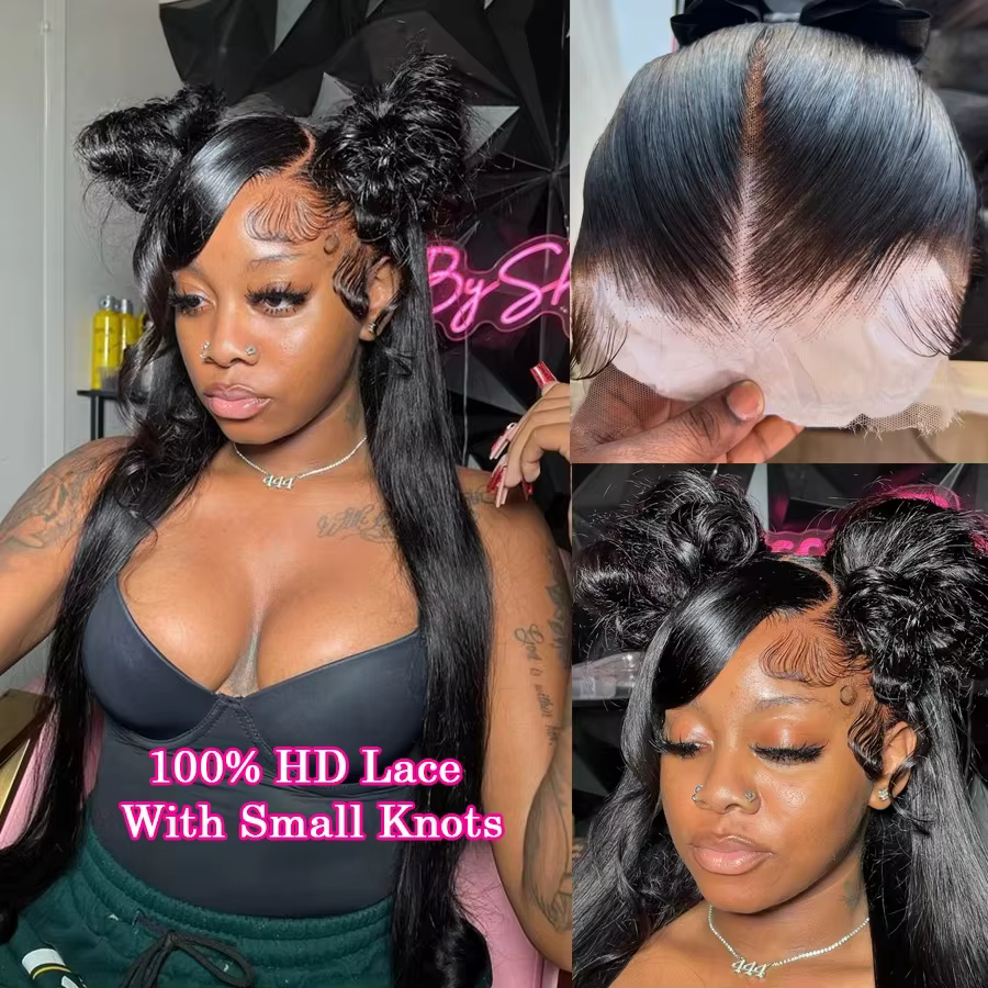 Perruque Full Lace Wig naturelle lisse, cheveux humains, densité 200, pre-plucked, HD 360, perruque