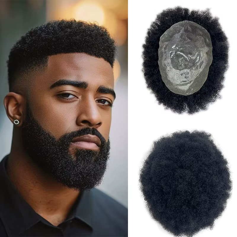 100% cheveux humains hommes PU capillaire prothèse Toppers Afro cheveux bouclés Ultra mince respiran
