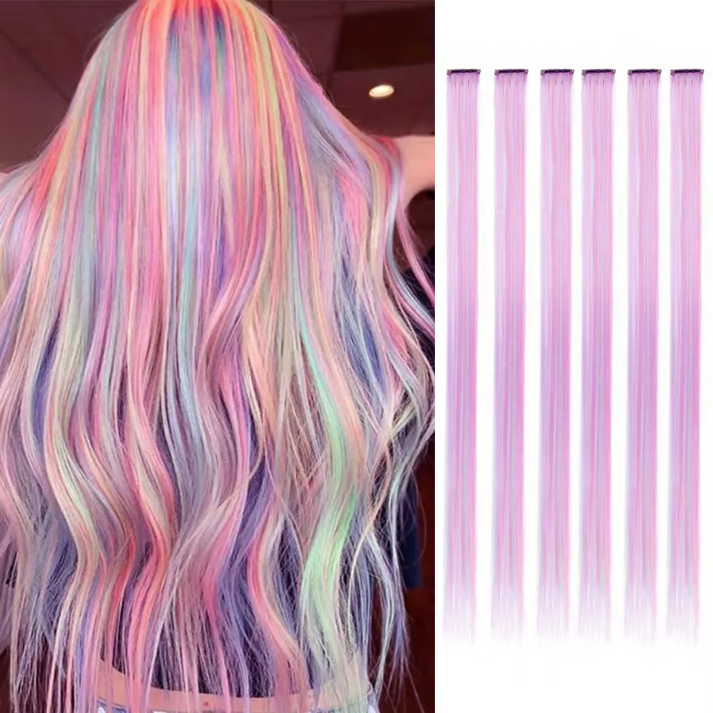 Extension capillaire synthétique à clipser, 6 pièces/paquet, couleur licorne arc-en-ciel rose bleu v