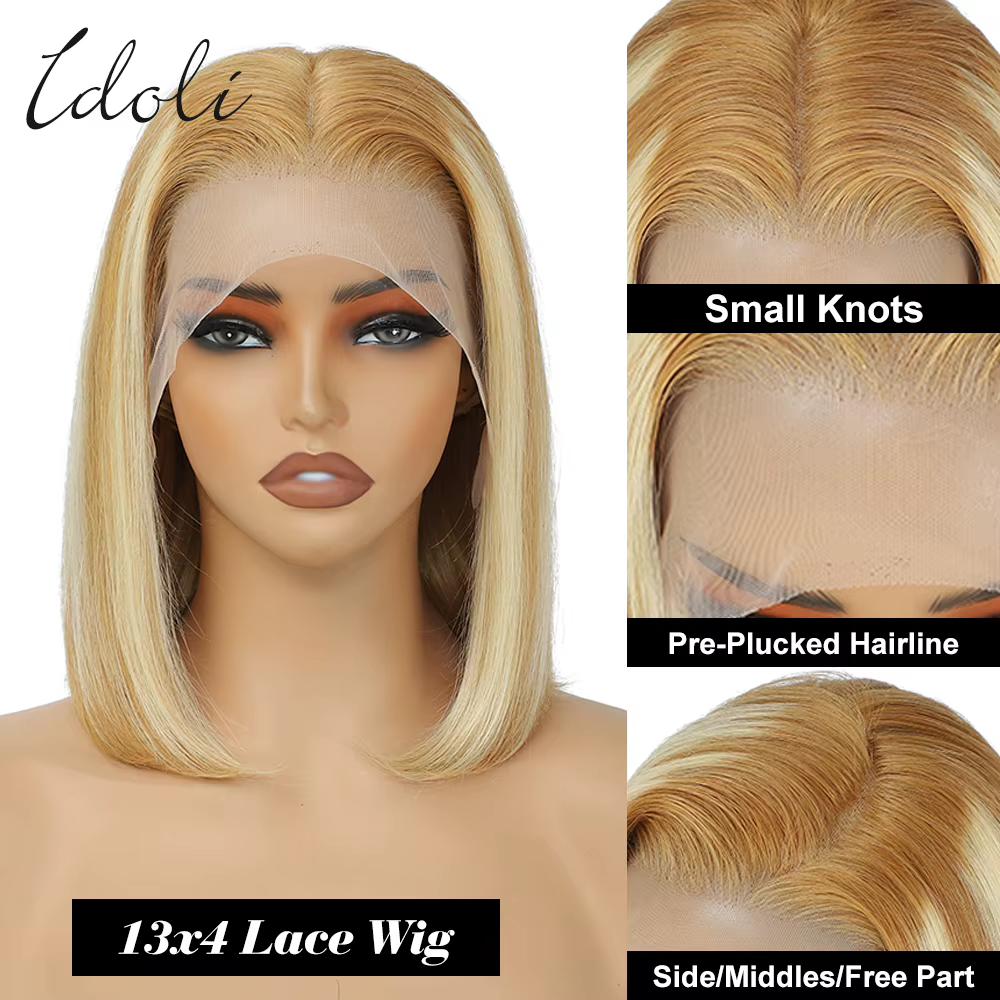 Perruque Lace Front BOB Naturelle Sans Colle HD, Cheveux Blonds à Reflets, P27/613, 13x4