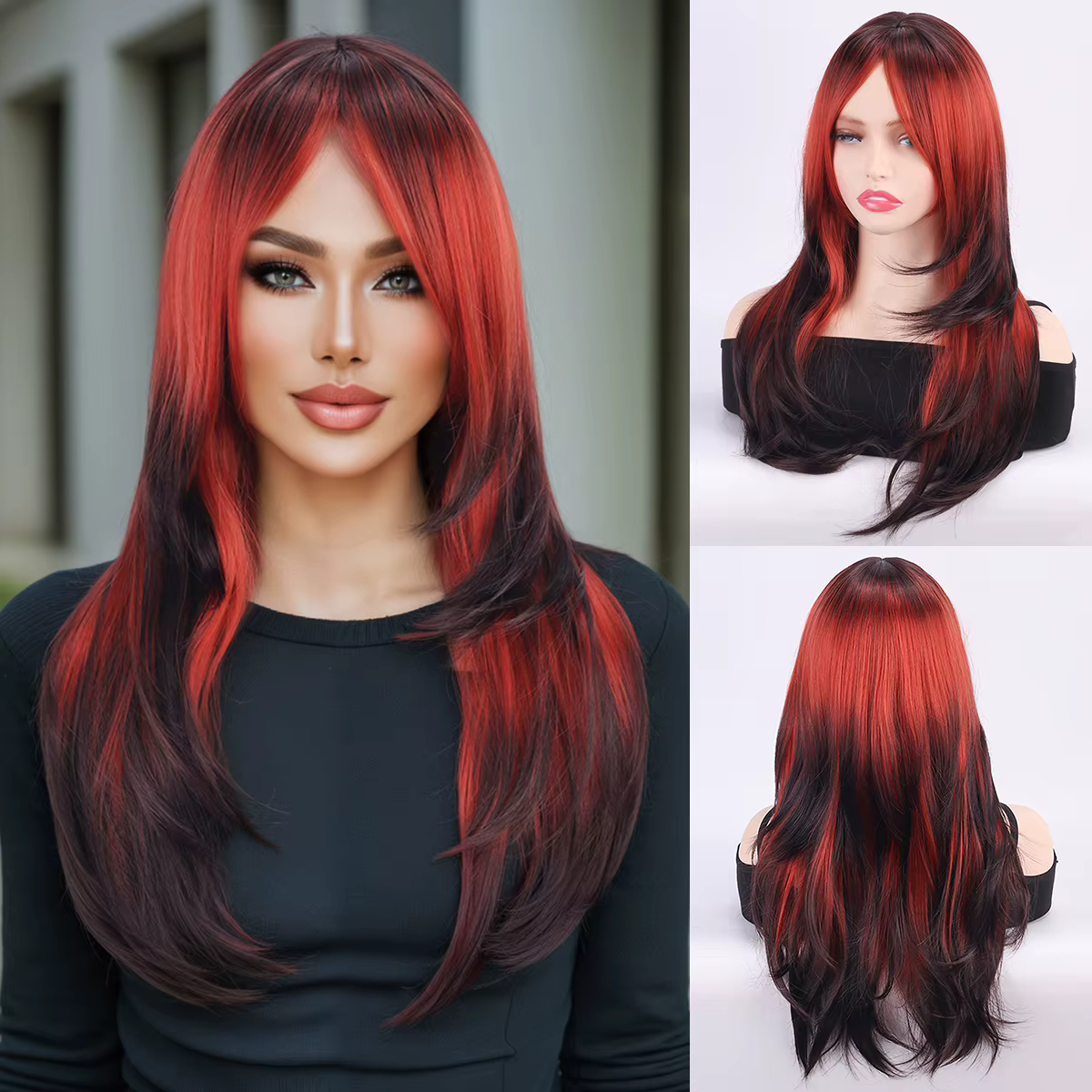 Perruque pour femme, perruque complète, style Halloween, frange à raie centrale, cheveux raides en f