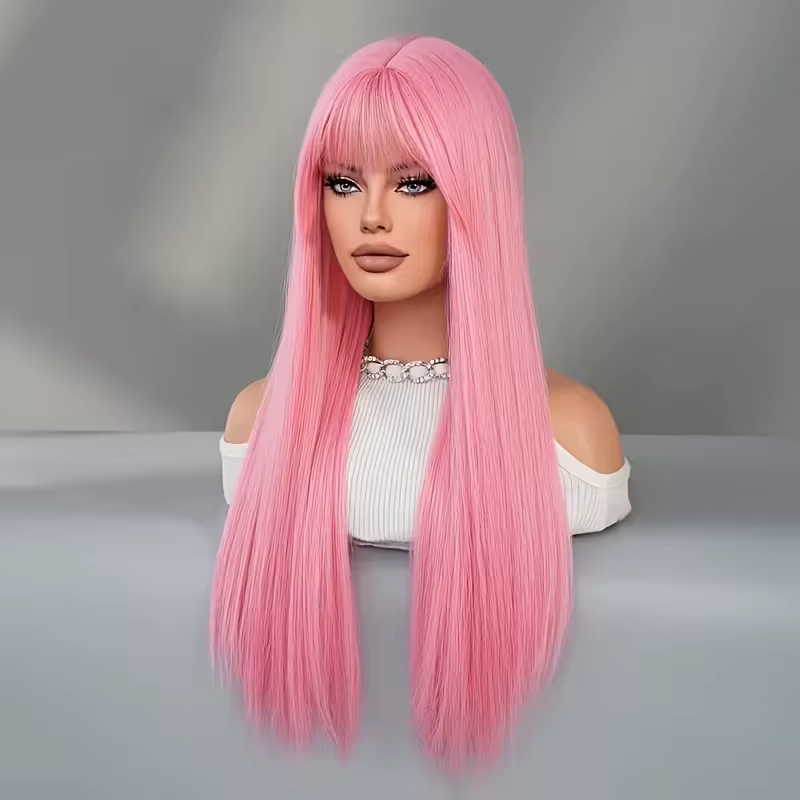Perruque synthétique rose longue et droite pour Halloween, cosplay, jeux de rôle et fêtes quotidienn