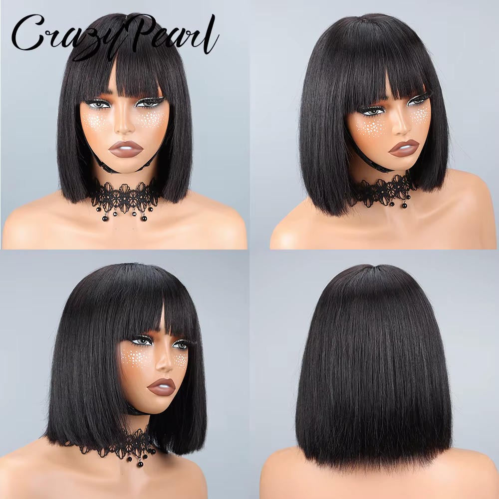 Perruque Lace Front CrazyPearl 1X13, perruque courte droite style bob, cheveux humains, pour femmes