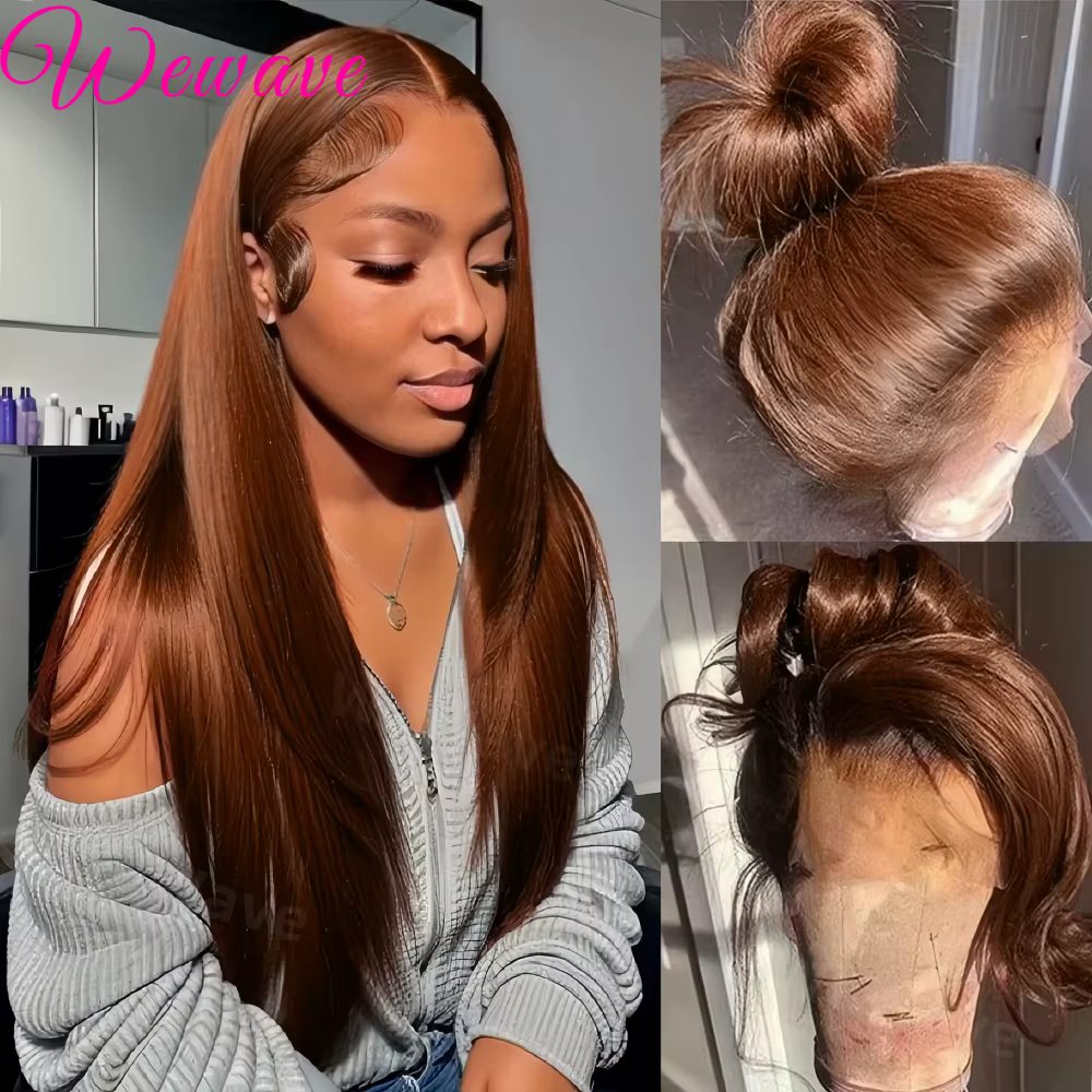 Perruques en cheveux humains lisses couleur chocolat avec dentelle frontale pour femmes, pré-épilées