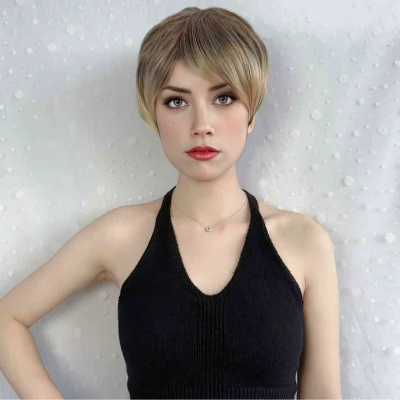 Perruque à la mode pour femmes avec frange inclinée oreilles exposées cheveux courts bandeau supérie