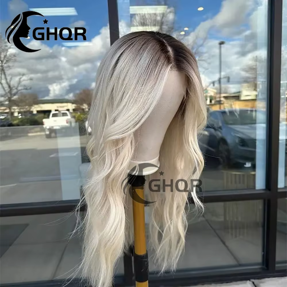 Perruques blond platine cheveux humains vague naturelle 13x4 avant de lacet perruques brun racines f