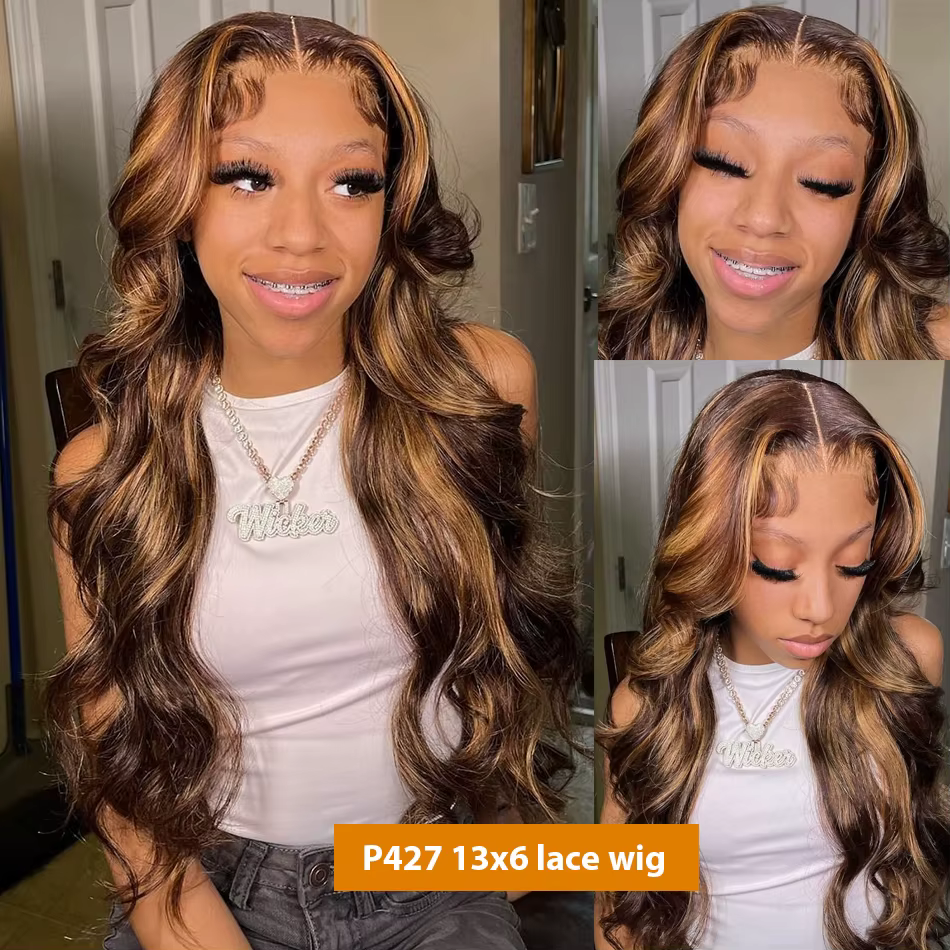 Perruque Lace Frontal Wig Body Wave naturelle, cheveux humains, 13x6 Hd, P427 1B30, noir, marron, bl