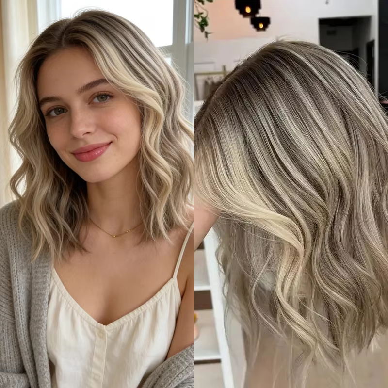 Perruque Lace Front Blonde Cendrée Courte Bob pour Femmes, Mèches Colorées, Cheveux Synthétiques Mél