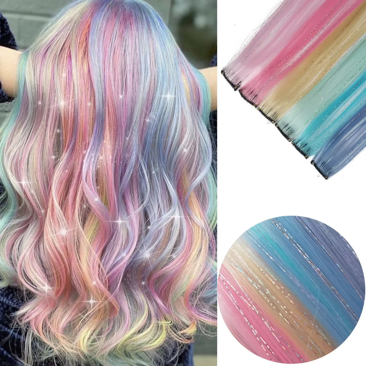 Extensions de cheveux multicolores à clips, mélange de tinsels, extensions de cheveux colorés, cheve