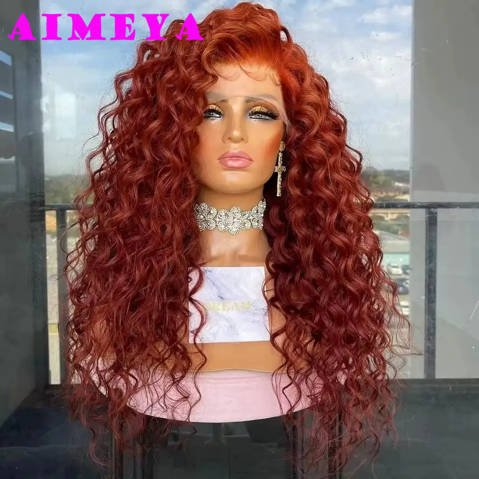 Perruque Lace Front Wig synthétique bouclée rouge cuivre, perruque longue et ondulée pour femmes, na