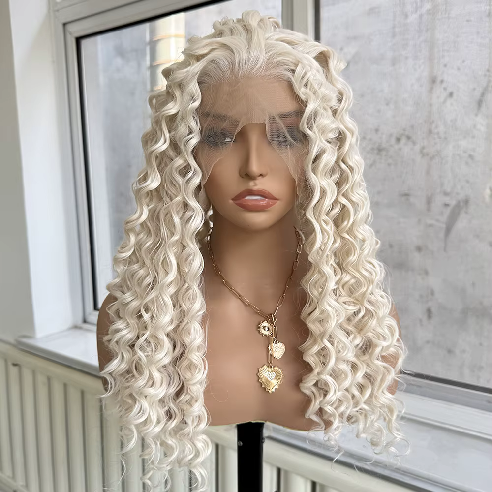 Perruque Lace Front Wig synthétique bouclée et profonde, cheveux longs, blond platine, blanc, blond,