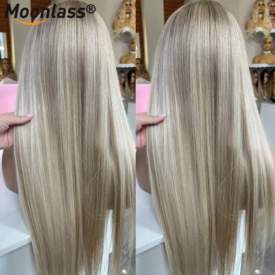 Perruque Lace Front Wig Remy naturelle, cheveux lisses, blond cendré, à reflets sans colle, densité 