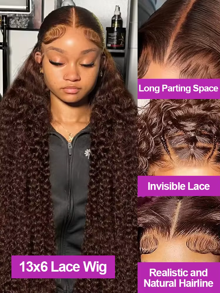 Perruque Lace Front Wig Deep Wave Naturelle Bouclée Brun Chocolat, 13x6, 40 Pouces, Densité 300, Doc