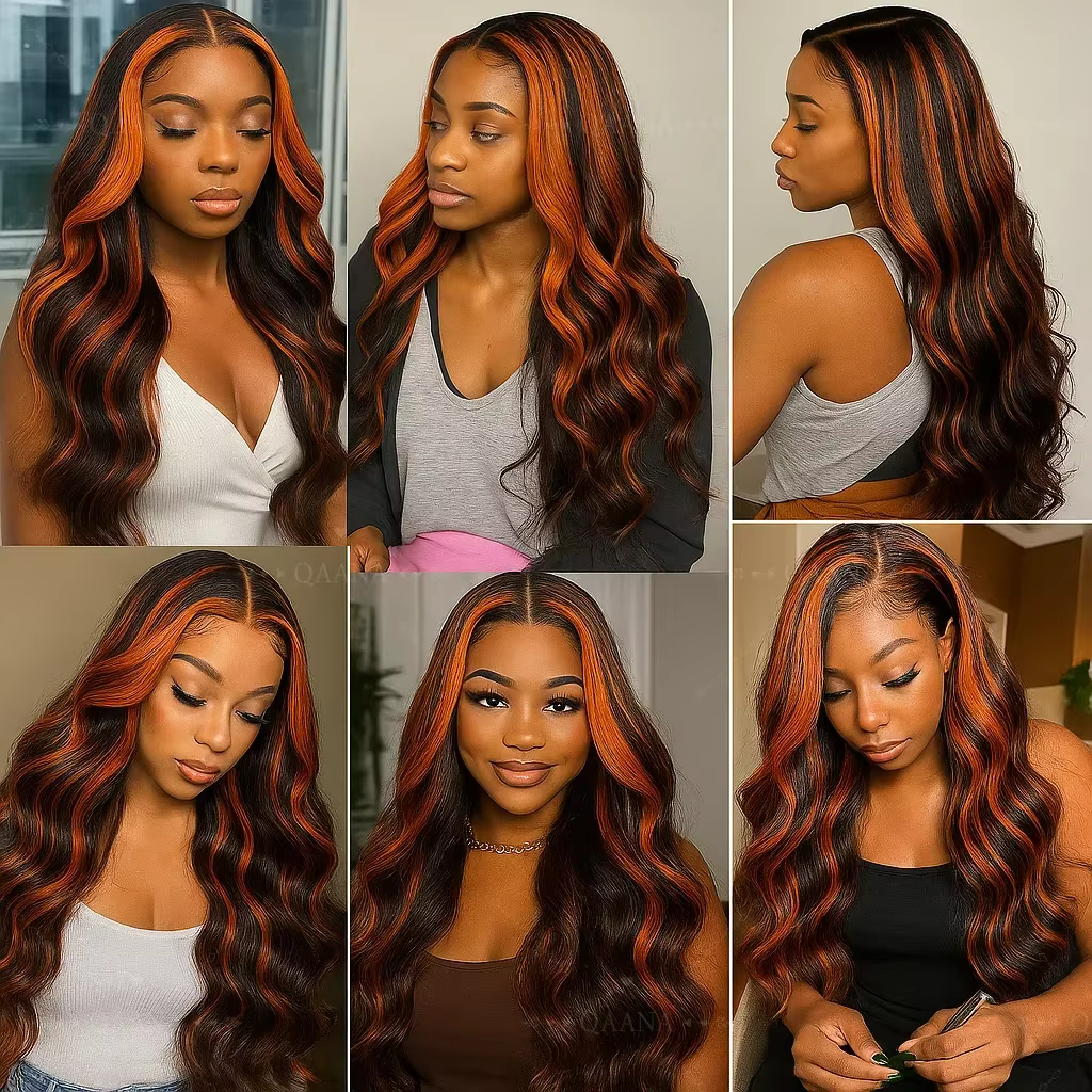 Perruque Lace Front 5x5 sans colle en cheveux humains, ondulée, pré-épilée, avec mèches marron ginge