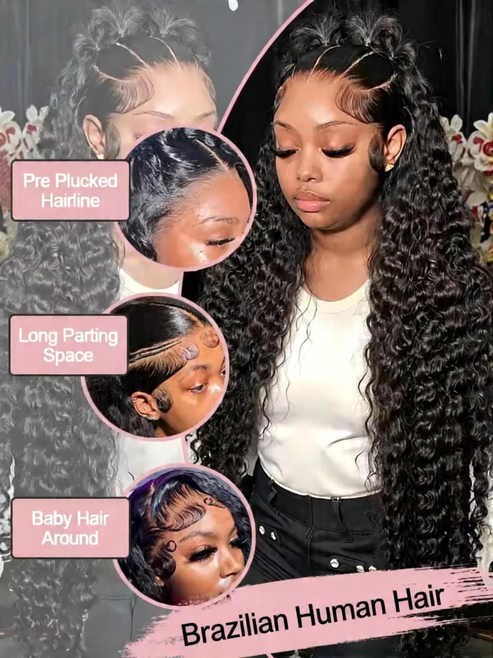 Perruque Lace Front Wig brésilienne naturelle, cheveux humains, Deep Wave, 13x6, HD, densité 300%, b