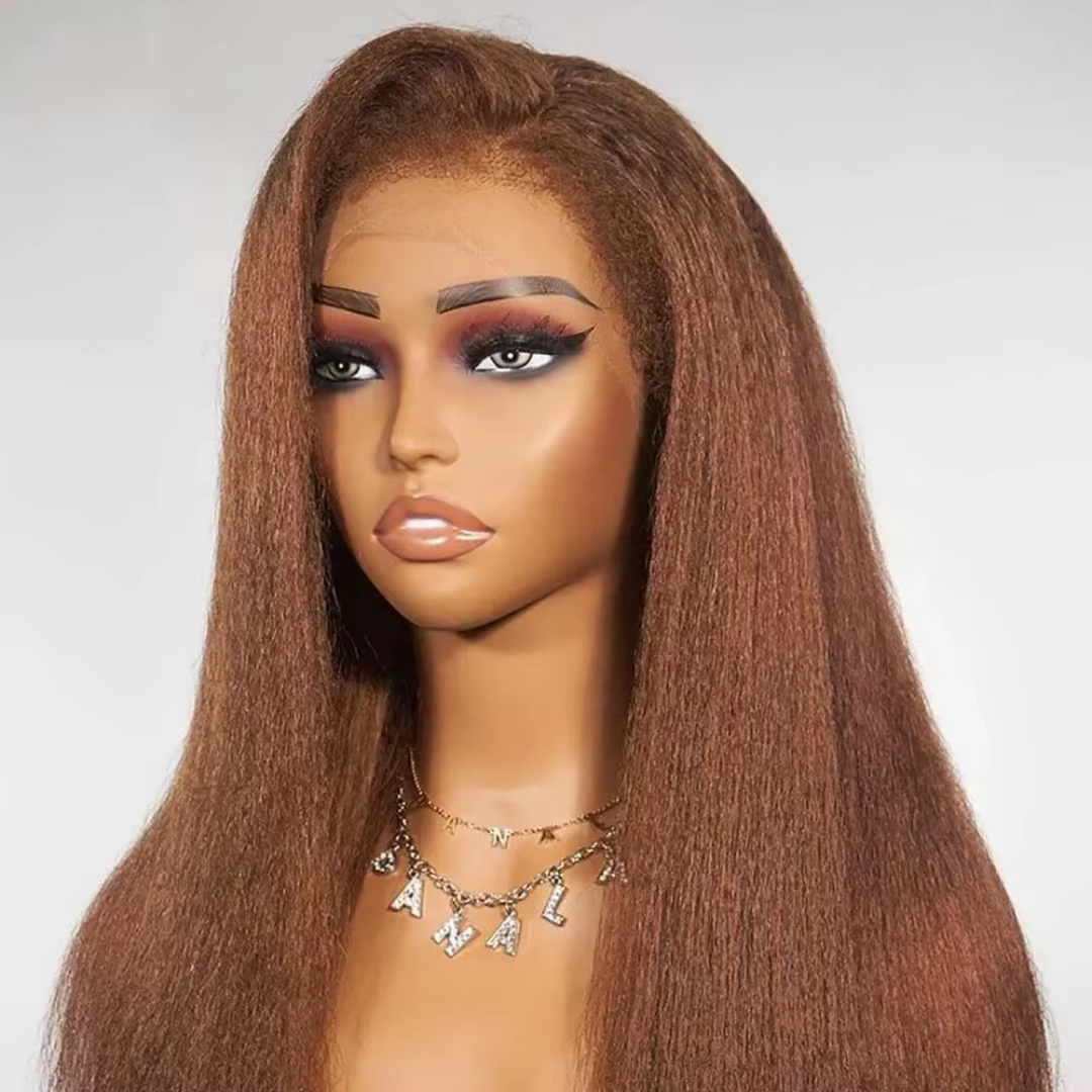 Perruque Lace Front Wig Yaki lisse et crépue sans colle, brune naturelle, douce, longue, 28 pouces,