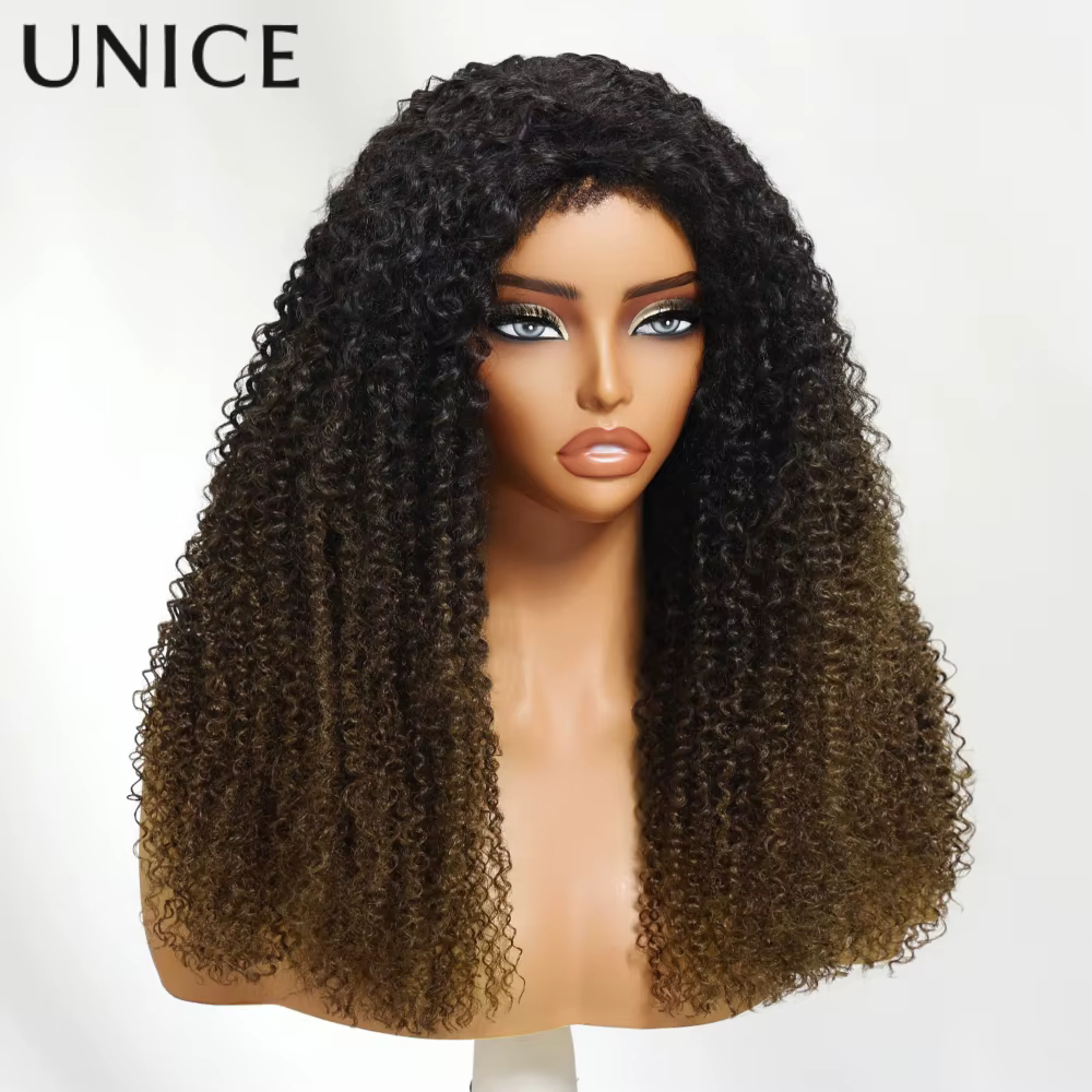UNice cheveux châtain brun ombré crépus bouclés demi perruques avec bords 4C et cordon invisible 100