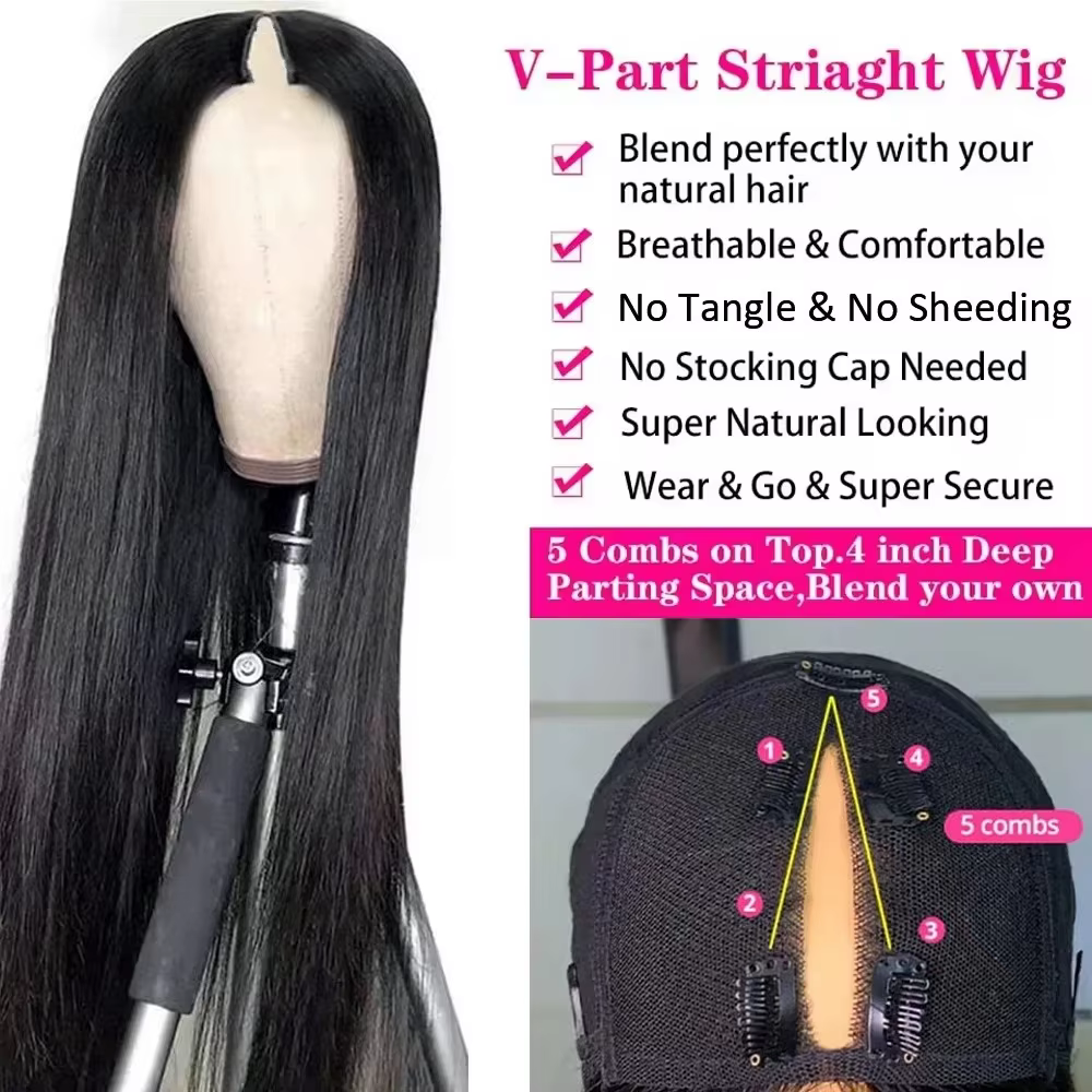 Perruque en cheveux humains lisses de 32 pouces de long, densité 220, perruque en V, perruques U-Par