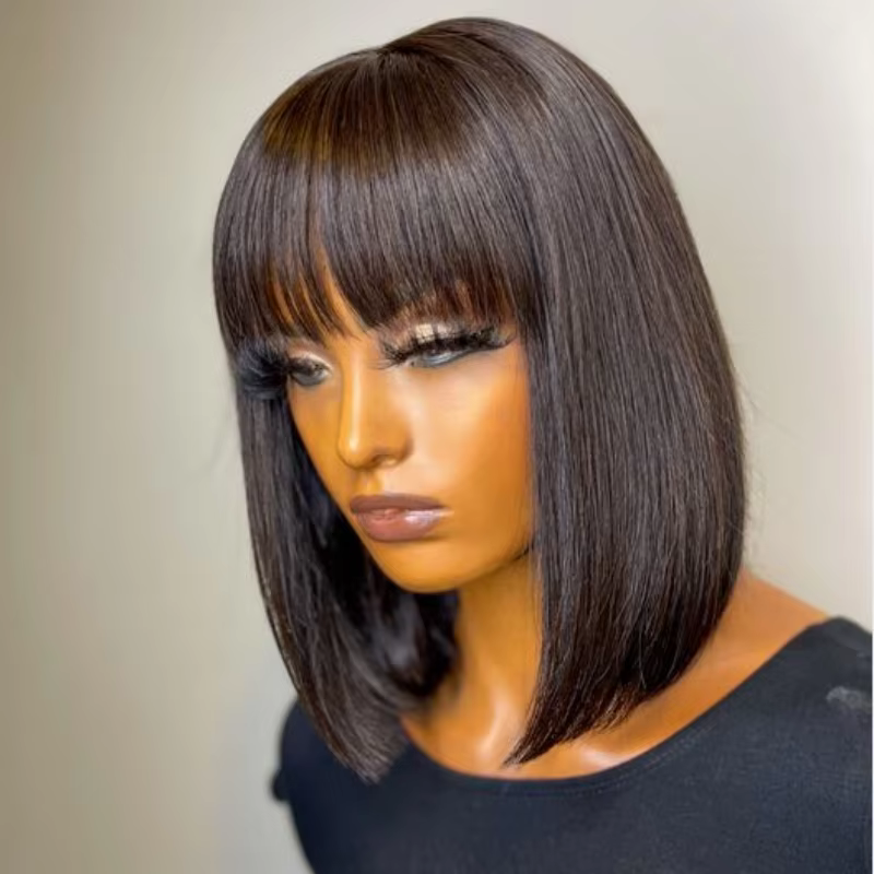Perruque BOB lisse courte avec frange pour femme, cheveux humains, 8-14 ", pas cher, 99J, brun, natu