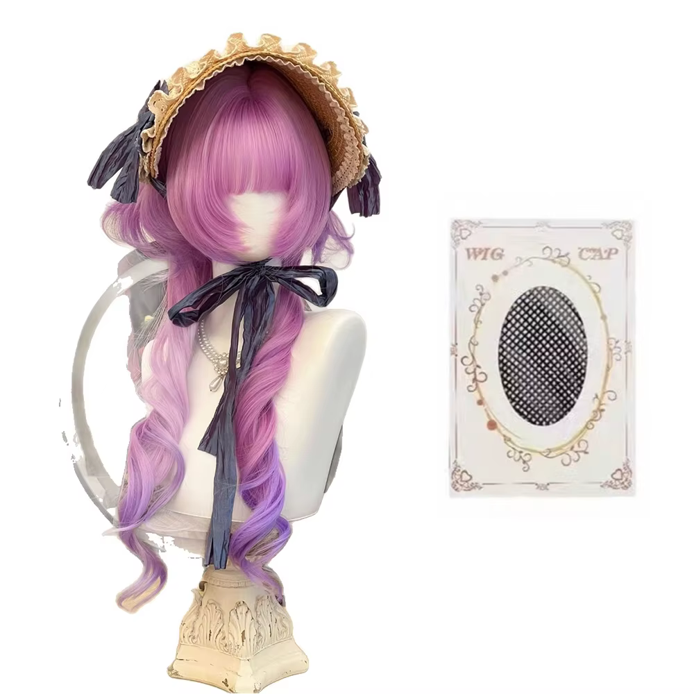 Perruque longue bouclée à double queue de cheval avec frange, cheveux synthétiques, perruques Lolita