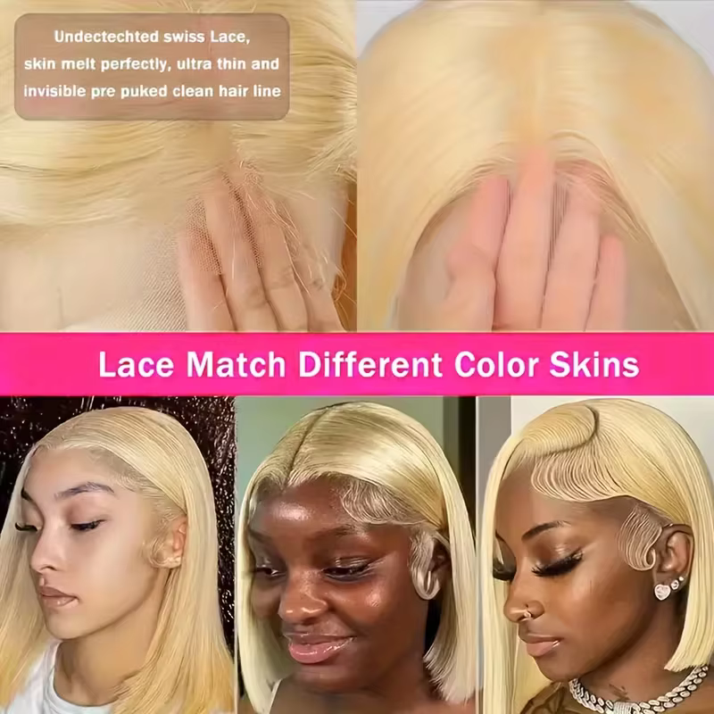 Perruques Courtes Blondes 613 Bob de 8 à 14 Pouces en Cheveux Humains avec Dentelle Frontale pour Fe
