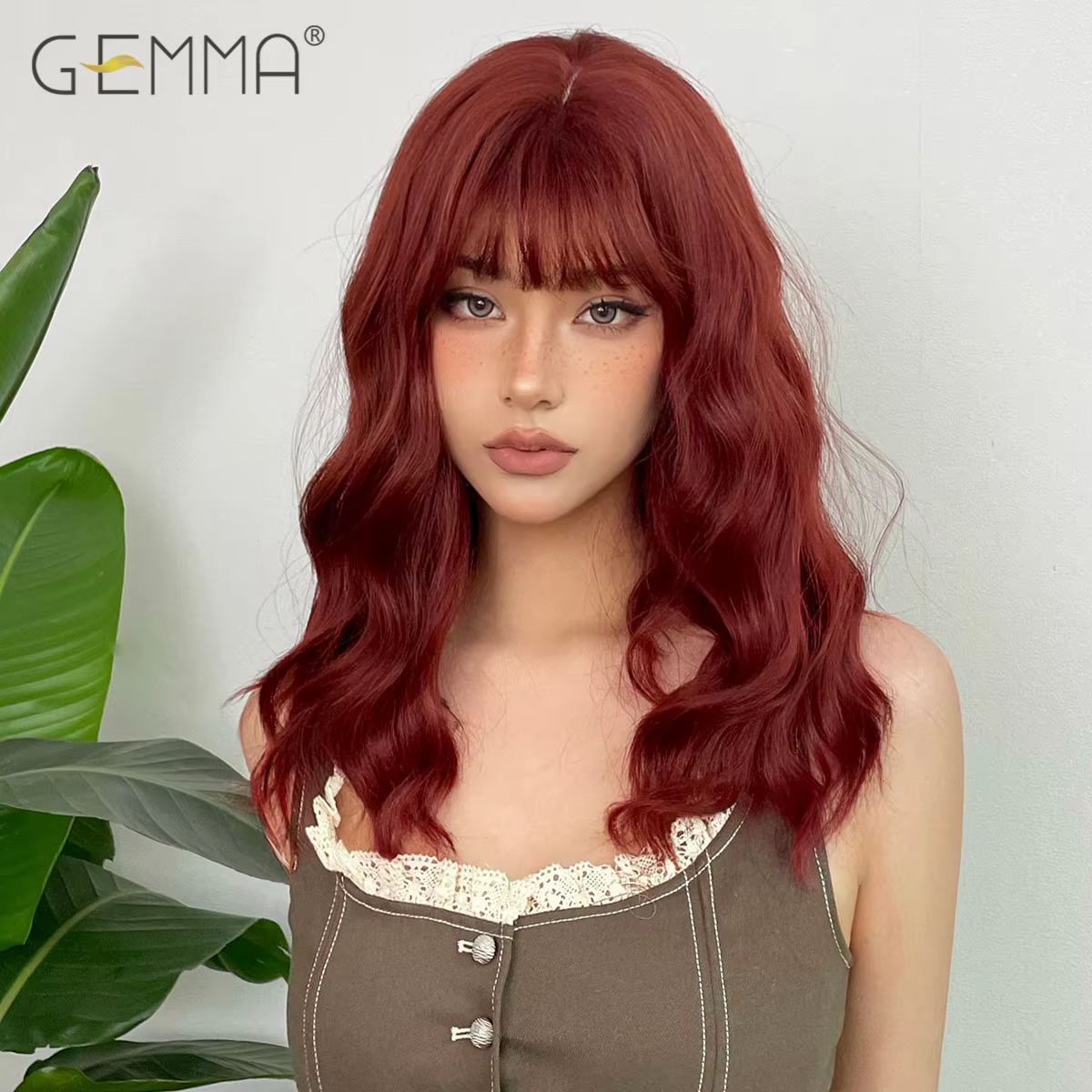 GEMMA – perruque synthétique bouclée mi-longue avec frange, cheveux naturels ondulés pour Cosplay, e