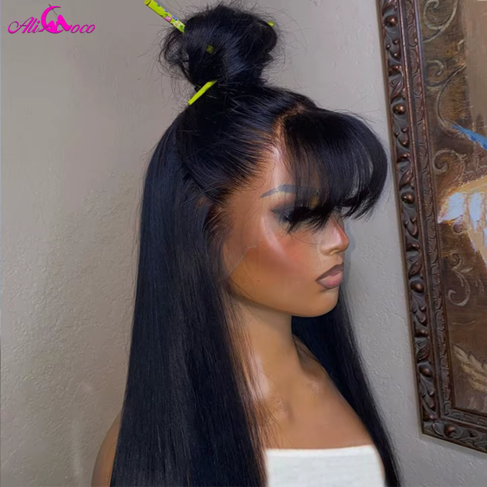 Perruque Lace Front 13x4 Lisse avec Frange, Couleur Naturelle, Dentelle Transparente, Cheveux Humain