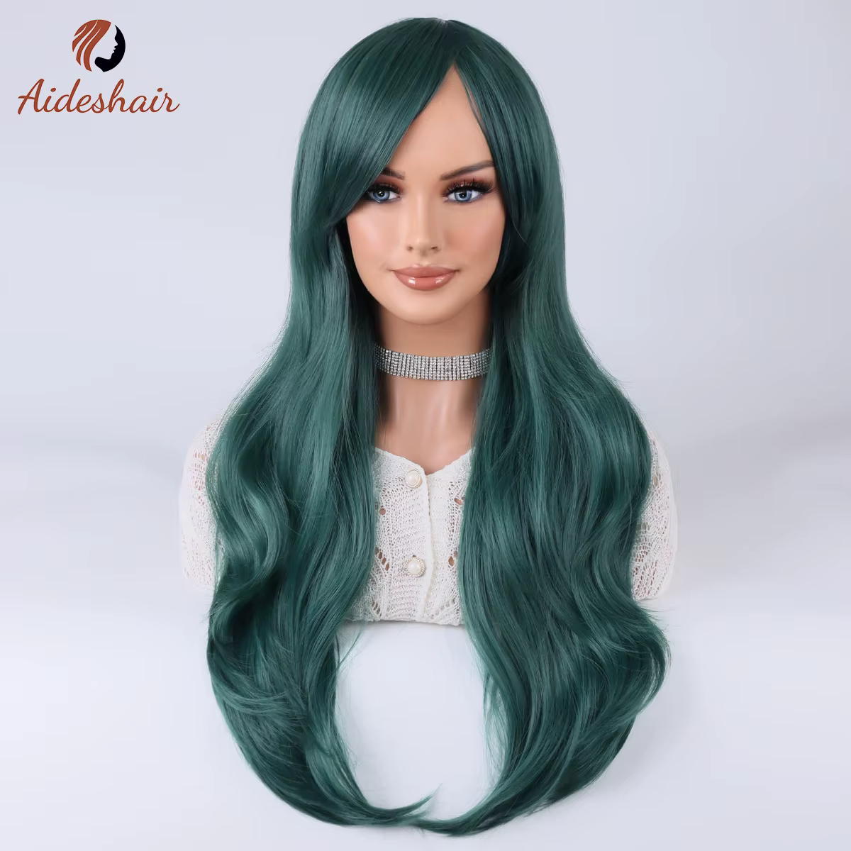 Aideshair vert foncé section moyenne frange diagonale longue perruque bouclée pour les femmes fibre 