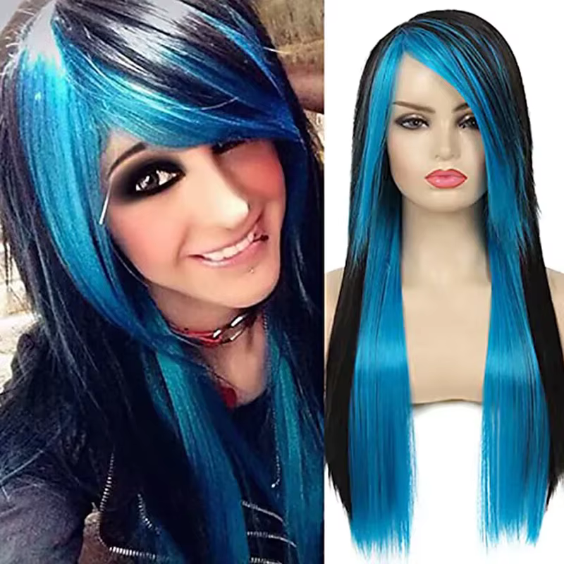 HAIRJOY cheveux synthétiques longs rouge noir droite résistant à la chaleur côté frange Halloween Co