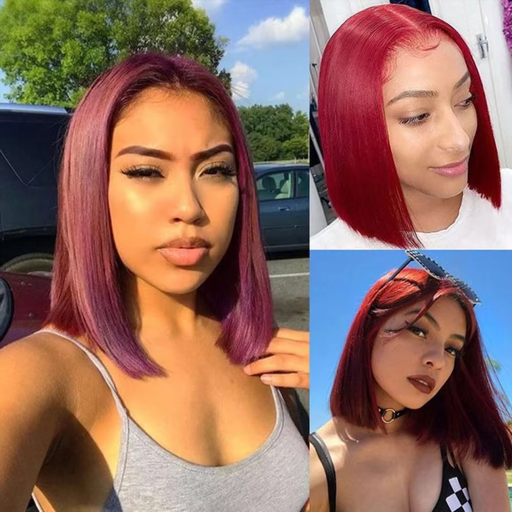 Perruque Bob 99J bordeaux lisse en cheveux humains, perruques Lace Front 13x4 HD transparentes, perr