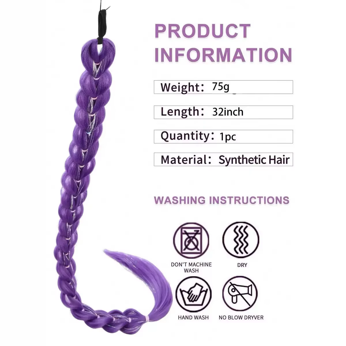 Perruque tressée synthétique violette de 32 pouces, pailletée et métallisée, pour costume de Noël po