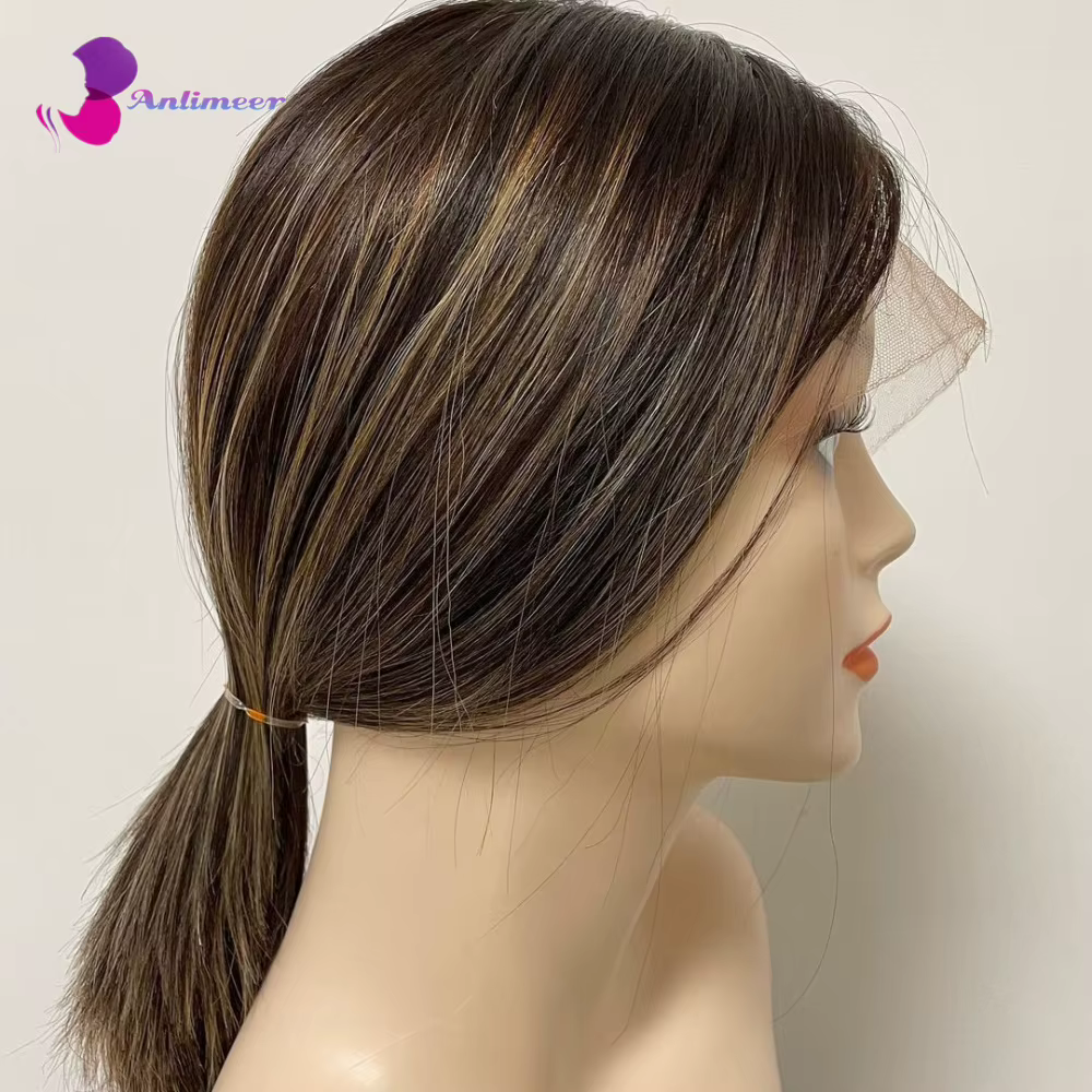 Perruque en cheveux naturels avec base en soie et dentelle frontale, mèches marron cendré clair, mod